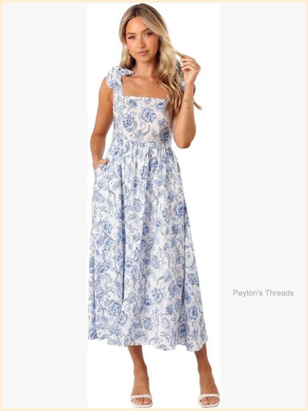 Women's Casual Midi Dress with Adjustable Straps, Square Neckline, Shirred - Picture 1 of 5